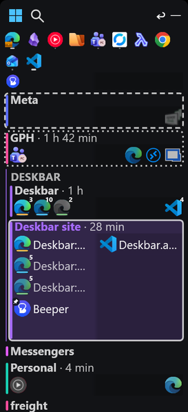 The floating bar: pinned apps along the top, then one row per workspace with its name above the icons of its windows. The current workspace, Deskbar site, is tinted, ringed and opened into a list of its windows with their titles; the rows you came from are ringed in dashes and dots. Groups of workspaces have a line down their left edge.