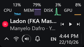 The bottom of the same bar: CPU, memory, disk and GPU usage with small graphs, a now-playing line with the track, artist and playback buttons, and the strip with the tray chevron, wifi, a volume dial, the notification bell, the input language and the clock.